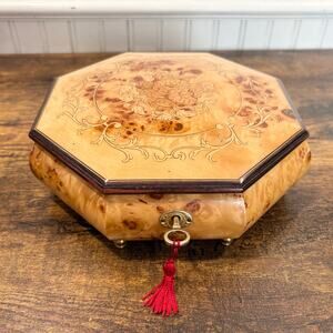 Octagonal Music Jewelry Box The Rose Wood Inlaid Floral Multi Tonal 8 Inch